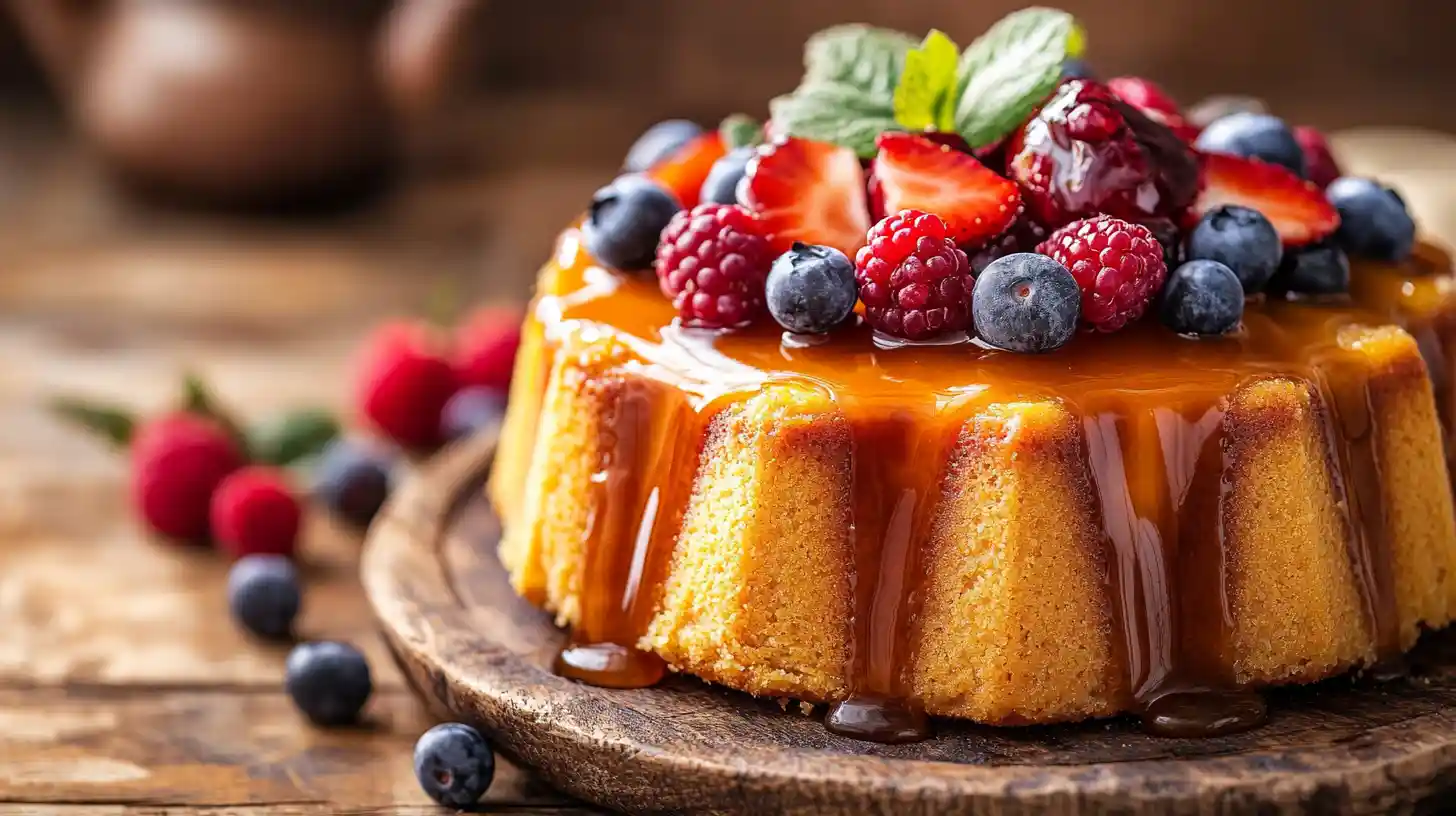 Rum Cake Recipe topped with fresh berries, caramel glaze, and garnished with mint leaves on a rustic wooden plate.