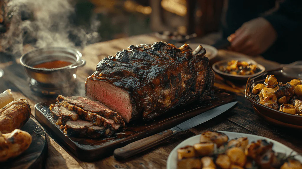 A fully cooked and sliced ribeye roast resting on a cutting board with a carving knife beside it. Juicy slices reveal a perfectly pink medium-rare center. In the background, a table is set with side dishes, a wine glass, and warm ambient lighting, signifying the completion of an elegant meal.
