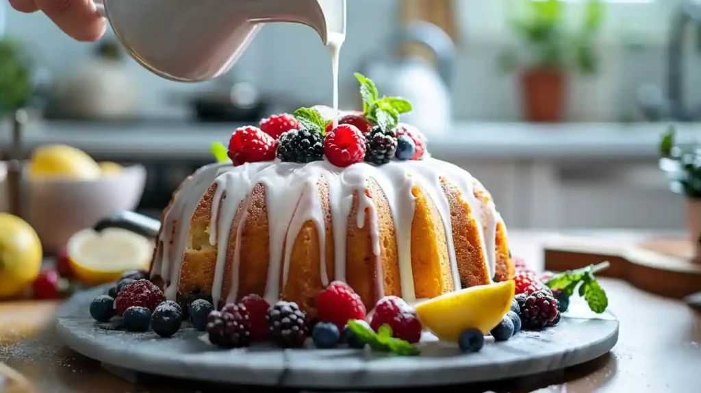 Healthy Bundt cake in a bright kitchen surrounded by Greek yogurt, maple syrup, bananas, and almond flour, clean minimalistic setup with natural lighting.