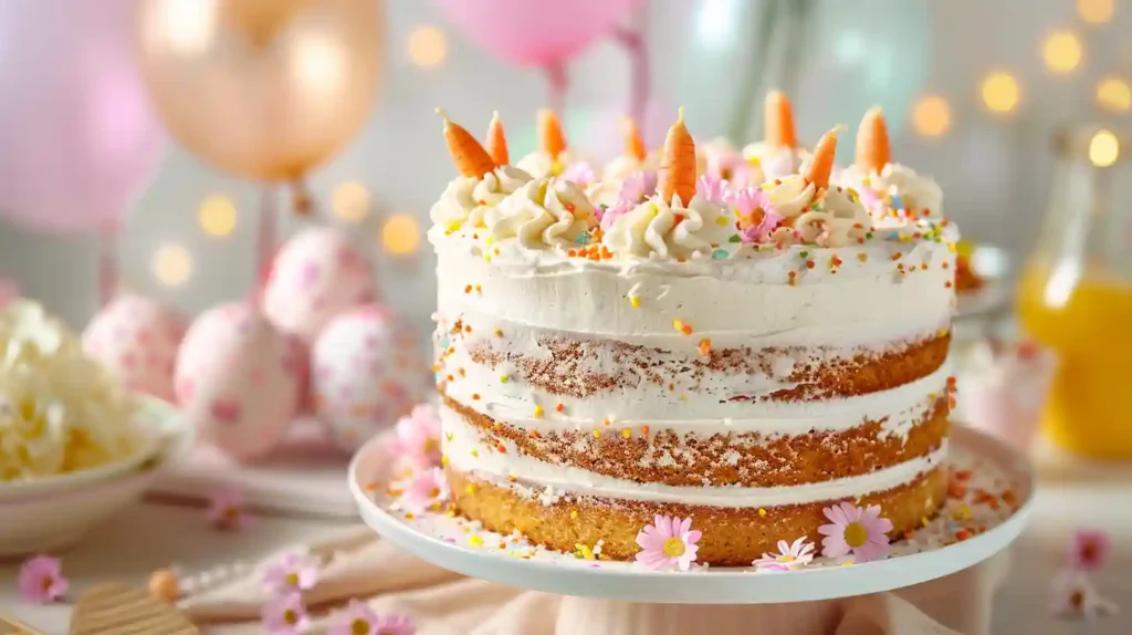 An elegant carrot cake adorned with creamy frosting, tiny fondant carrots, and pastel flowers, set against a backdrop of festive decorations like balloons and candles. Captured in bright, cheerful lighting, this scene embodies the joy and warmth of a special celebration.​