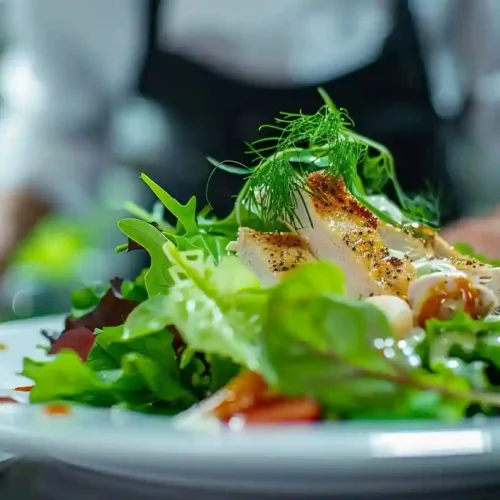 Perfectly plated Chicken Caesar Salad with vibrant greens, tender chicken, creamy dressing, and a sprinkle of parmesan on a clean white plate.