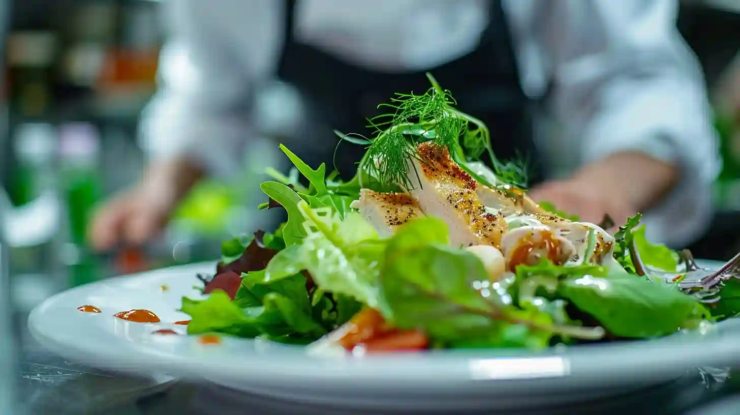 Perfectly plated Chicken Caesar Salad with vibrant greens, tender chicken, creamy dressing, and a sprinkle of parmesan on a clean white plate.