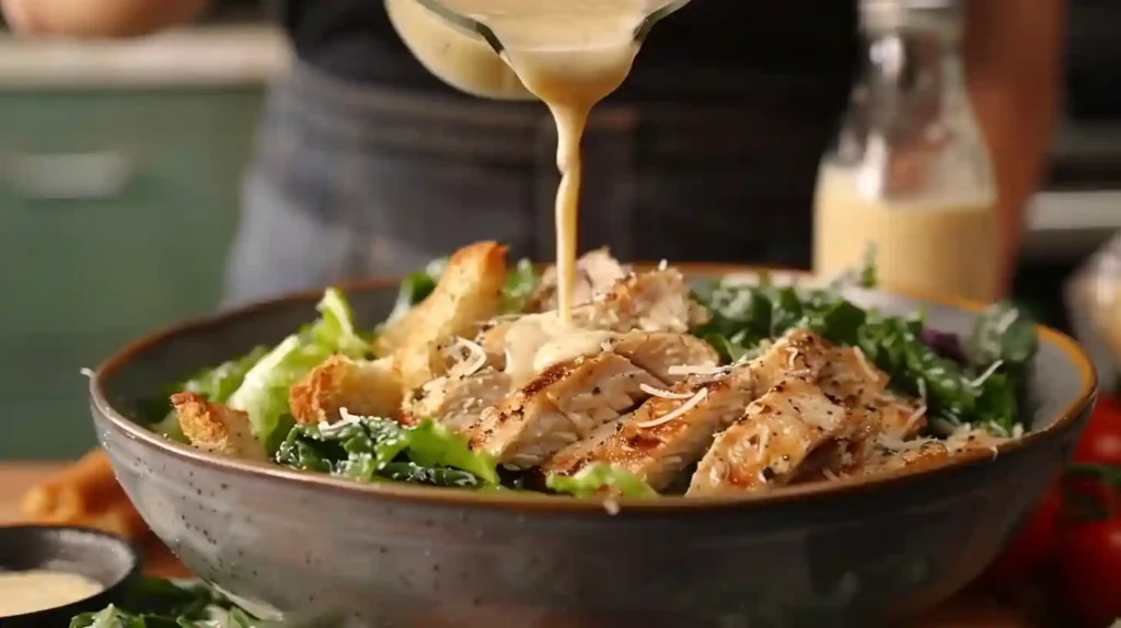 Step-by-step preparation of Chicken Caesar Salad: a person drizzling Caesar dressing over lettuce and tossing with grilled chicken and croutons in a large bowl.