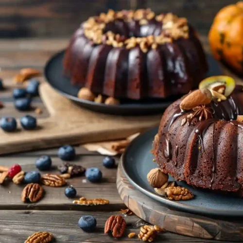 Vegan chocolate avocado Bundt cake and spiced pumpkin Bundt cake with rich textures, topped with nuts and fruits, on a rustic wooden table.