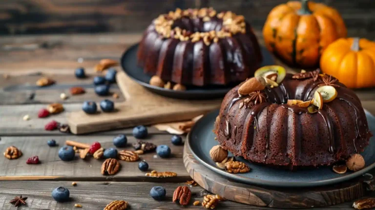 Vegan chocolate avocado Bundt cake and spiced pumpkin Bundt cake with rich textures, topped with nuts and fruits, on a rustic wooden table.