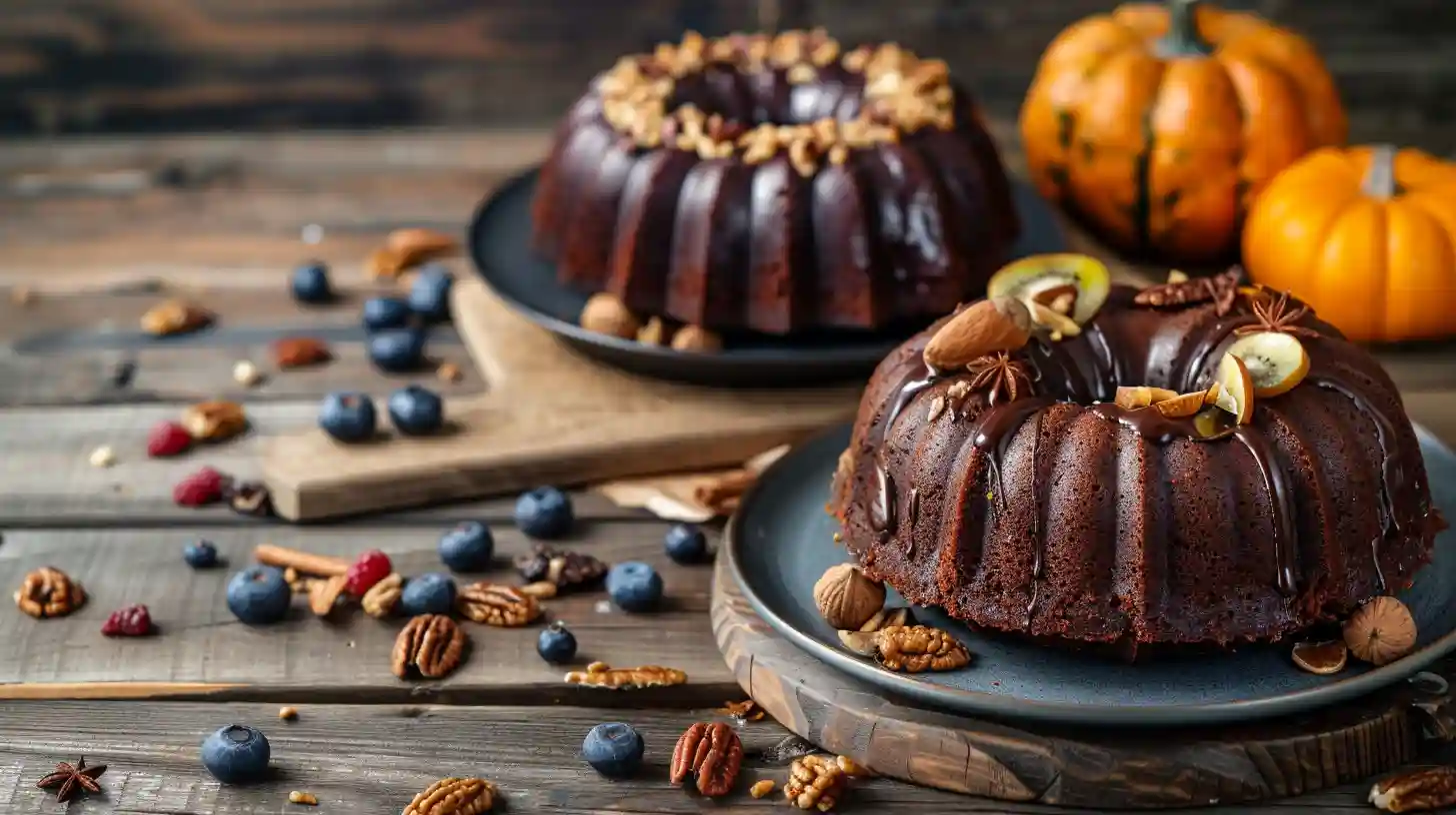 Vegan chocolate avocado Bundt cake and spiced pumpkin Bundt cake with rich textures, topped with nuts and fruits, on a rustic wooden table.
