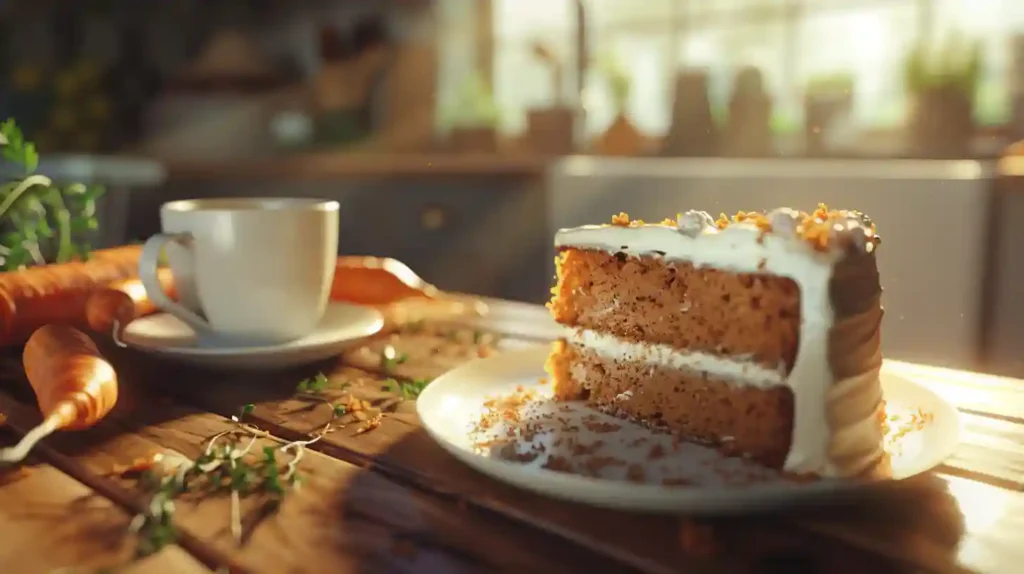 Half-eaten carrot cake on a rustic kitchen counter with fresh carrots, coffee cup, and an open recipe book, captured in soft late afternoon light.