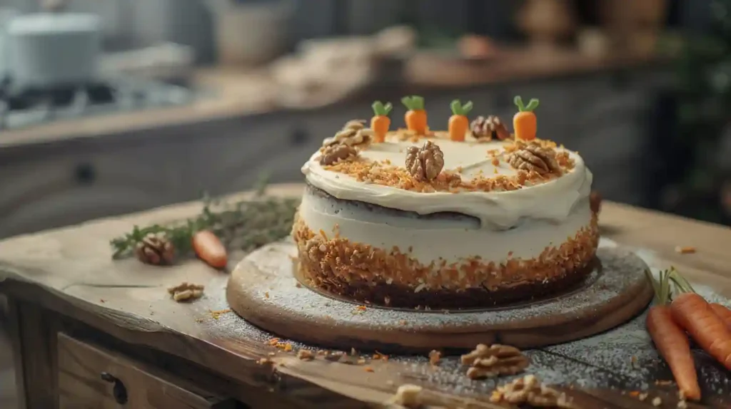 Realistic slice of carrot cake on a white plate, surrounded by fresh carrots, honey jar, walnuts, and cinnamon sticks, with natural daylight in a clean kitchen setting.