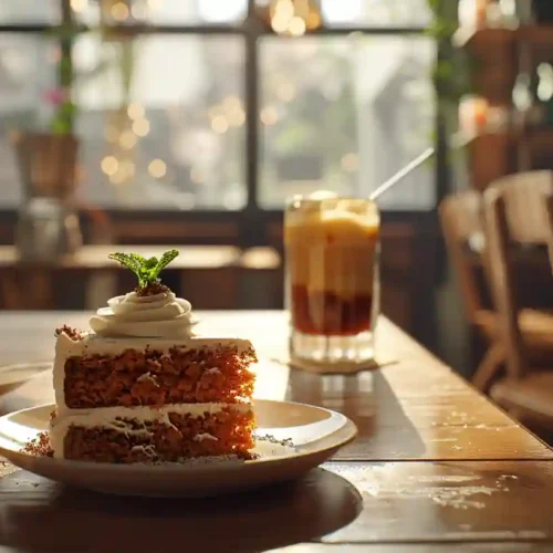 Slice of carrot cake served with cappuccino, spiced chai tea, and dessert wine on a wooden table, soft natural light and cozy coffee shop atmosphere.