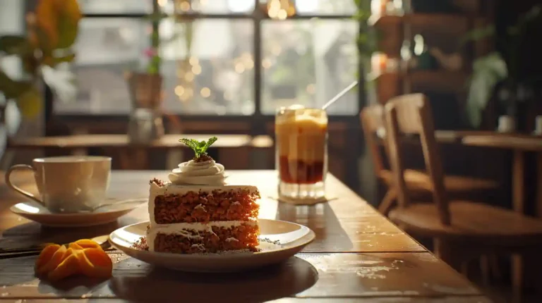 Slice of carrot cake served with cappuccino, spiced chai tea, and dessert wine on a wooden table, soft natural light and cozy coffee shop atmosphere.