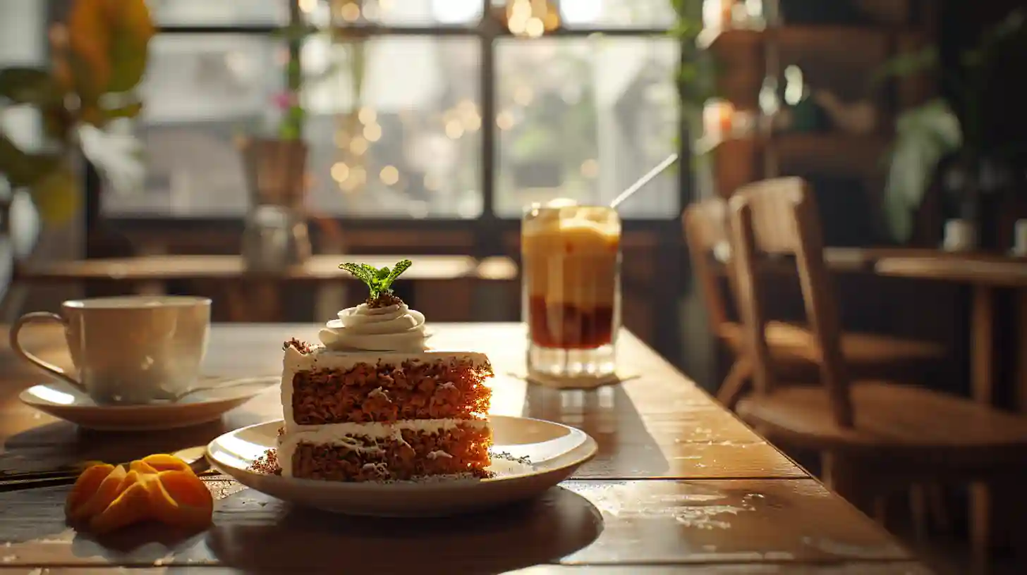 Slice of carrot cake served with cappuccino, spiced chai tea, and dessert wine on a wooden table, soft natural light and cozy coffee shop atmosphere.