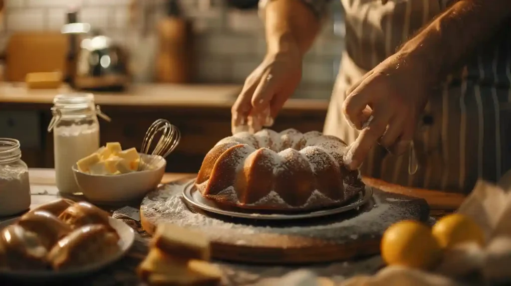 Bundt cake being glazed with lemon icing, surrounded by fresh berries and mint leaves, close-up in an elegant kitchen with natural lighting.
