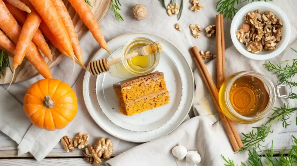 Close-up of a slice of homemade carrot cake with creamy white frosting, topped with chopped walnuts and carrot decorations, on a rustic wooden table with natural daylight.