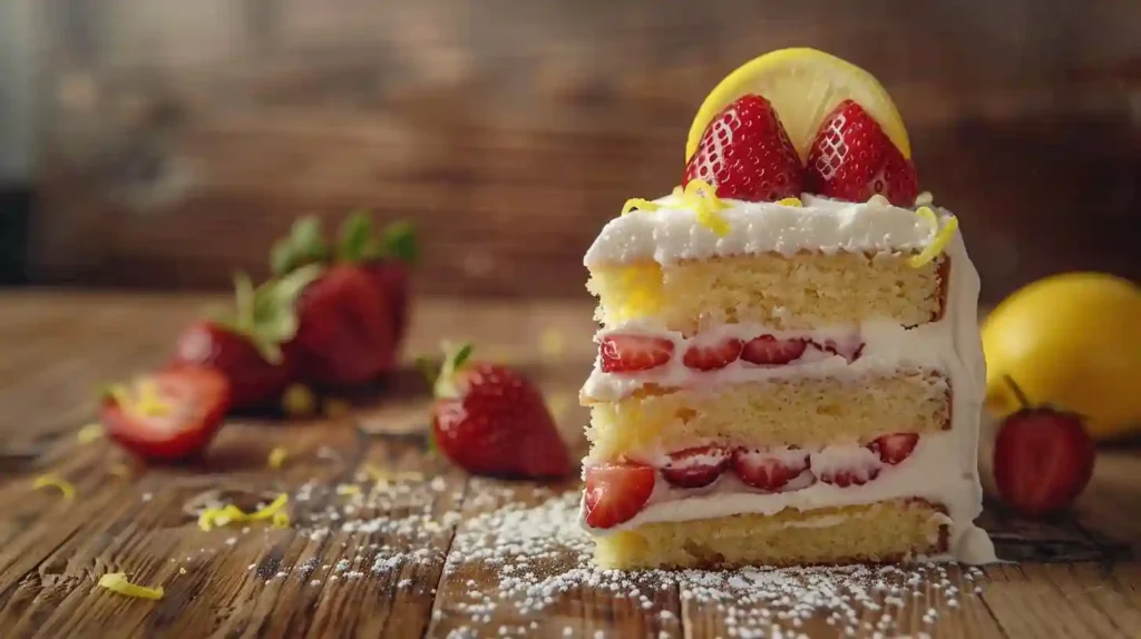 A perfectly baked strawberry lemon cake sliced and ready to be served on a rustic table with fresh strawberries and lemon slices on the side, warm natural lighting.