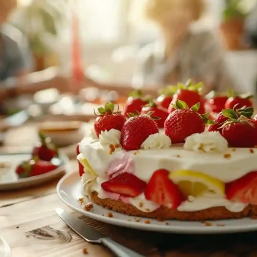 A full homemade strawberry lemon cake with fresh strawberries, lemon slices, and a glossy lemon glaze on top, placed on a rustic wooden table, soft natural lighting.