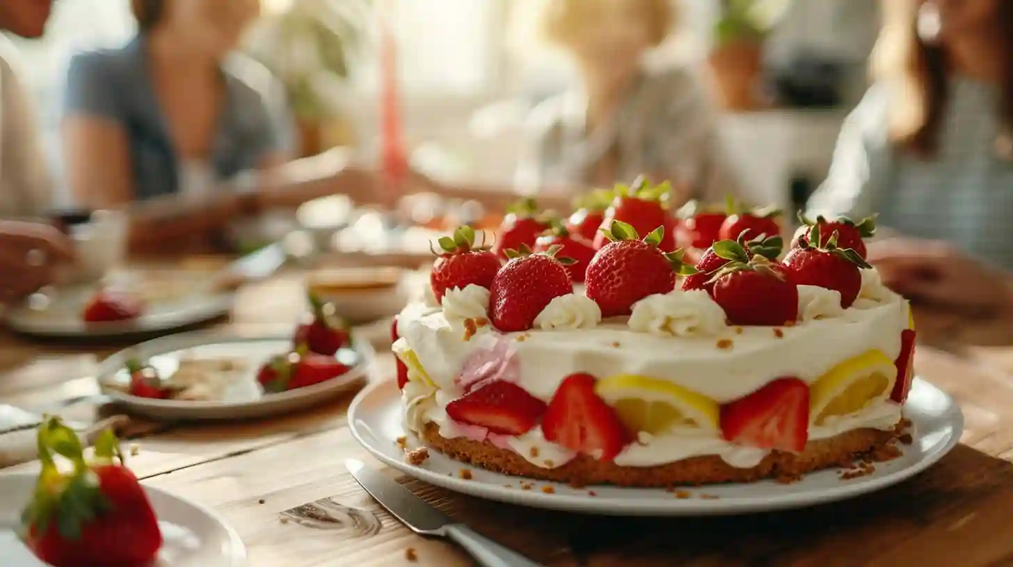 A full homemade strawberry lemon cake with fresh strawberries, lemon slices, and a glossy lemon glaze on top, placed on a rustic wooden table, soft natural lighting.