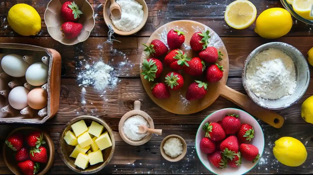 Flat lay of fresh ingredients for a strawberry lemon cake: ripe strawberries, lemons, butter, eggs, flour, sugar, all neatly arranged on a wooden table with natural lighting.