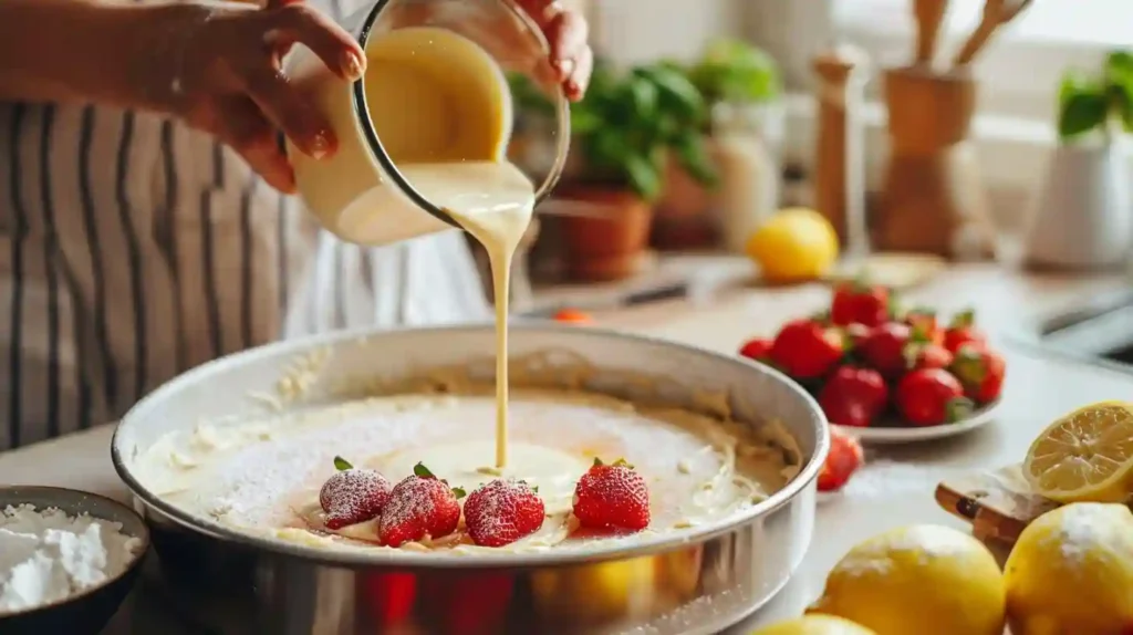 Baker’s hands mixing strawberry lemon cake batter in a bowl, with fresh ingredients nearby, set in a cozy kitchen with soft lighting.