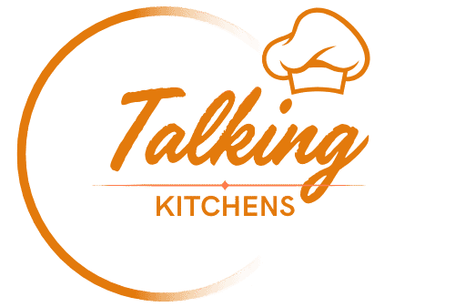 Talking Kitchens logo with bold text and stylized orange flame icon.