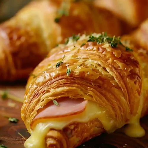 Golden baked ham and cheese croissants with melted cheese oozing out, garnished with fresh herbs on a rustic wooden table.