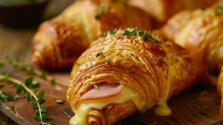 Golden baked ham and cheese croissants with melted cheese oozing out, garnished with fresh herbs on a rustic wooden table.