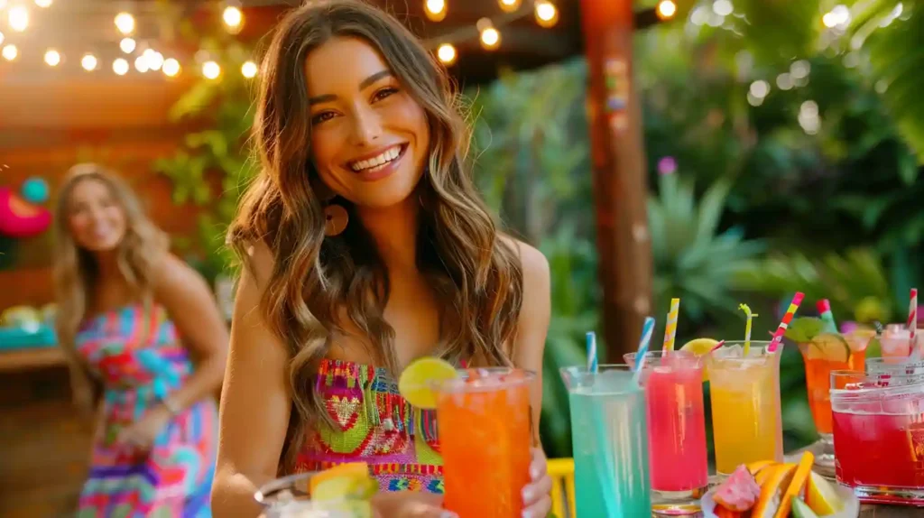 Casual backyard gathering with friends shaking mocktail shakers, surrounded by colorful drink stations and a DIY cocktail bar. Guests are dressed in summery outfits, holding vibrant mocktails, with garden lights creating a warm, festive atmosphere.