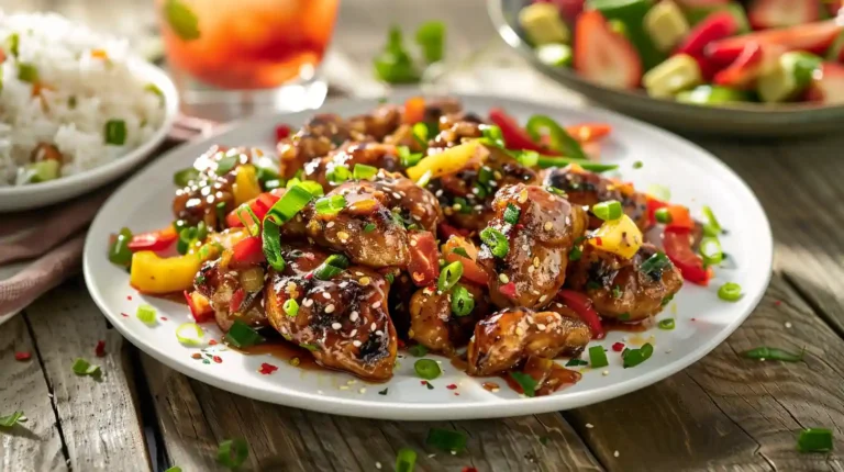 Freshly cooked Black Pepper Chicken on a white plate with jasmine rice, garnished with green onions and bell peppers, served with a non-alcohol cocktail and strawberry crunch salad.