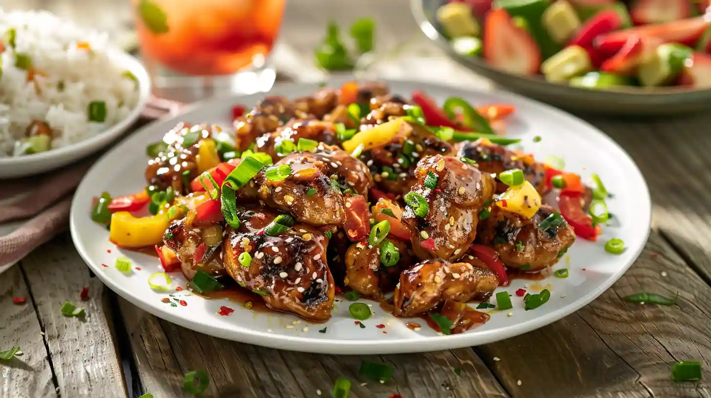 Freshly cooked Black Pepper Chicken on a white plate with jasmine rice, garnished with green onions and bell peppers, served with a non-alcohol cocktail and strawberry crunch salad.
