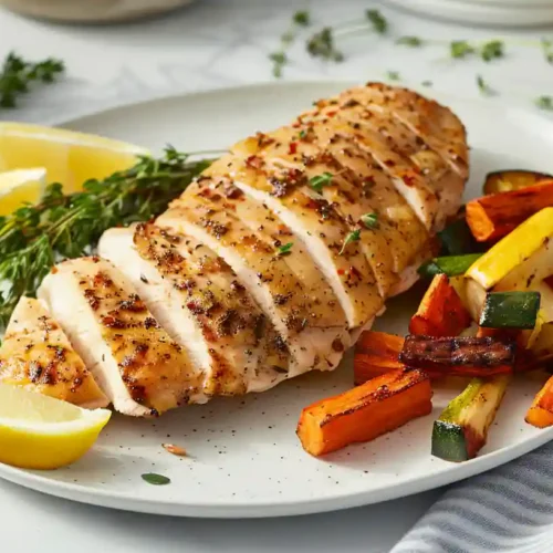 Grilled chicken breast served with roasted vegetables and garnished with fresh herbs on a rustic plate.