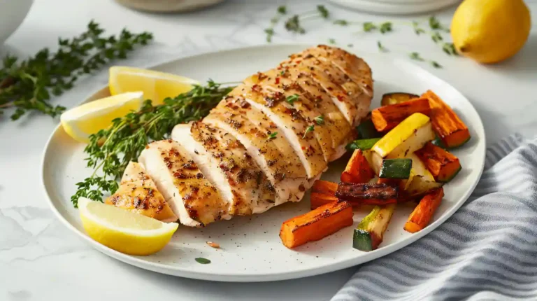 Grilled chicken breast served with roasted vegetables and garnished with fresh herbs on a rustic plate.