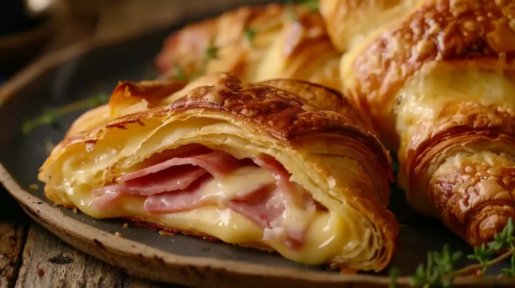 Flaky ham and cheese croissants cut in half with melted cheese filling on a rustic plate with thyme.