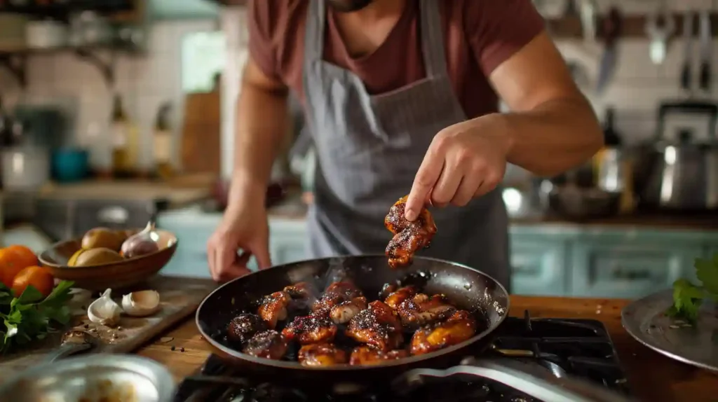 Home kitchen scene showing a burnt Black Pepper Chicken in a pan beside a perfectly cooked version on a plate, with ingredients scattered and contrasting emotions from two cooks.