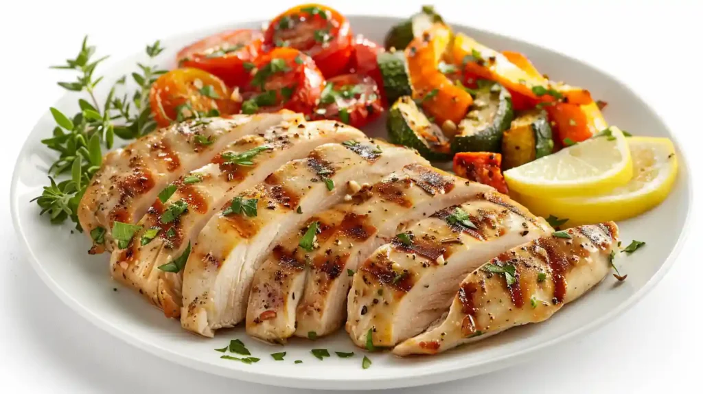 Chicken breast meal served family-style at a cozy dining table, with warm lighting and happy people softly blurred in the background.