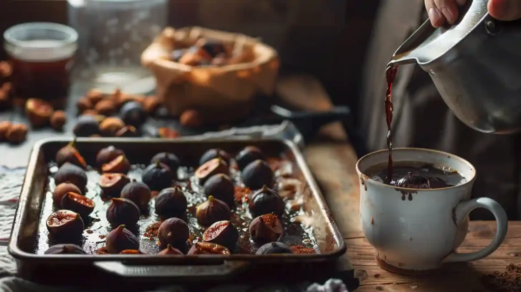 Hands roasting figs in an oven tray, pouring fresh coffee into a mug, and adding roasted figs into the coffee cup in a warm, naturally lit kitchen.