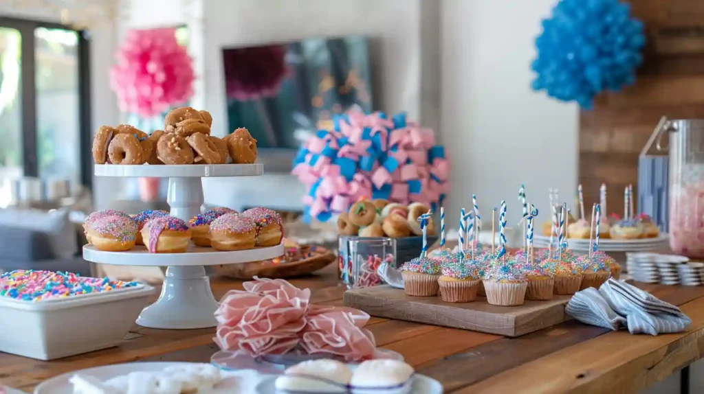 Stylish gender reveal party table with charcuterie board, confetti piñata, donuts with colored filling, and cupcakes.