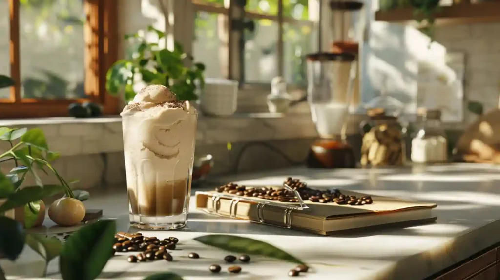 Ice cream coffee in a glass surrounded by almond milk, dark chocolate, fresh espresso beans, and a wellness journal, set in a clean, bright kitchen with soft lighting.