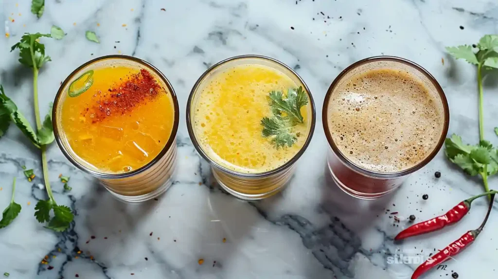 Three Jaljeera drinks—fizzy with soda, spicy with chili, and sweet with jaggery—served in unique glasses with creative garnishes on a marble surface.