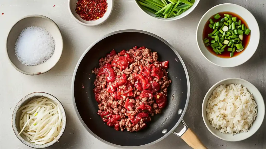 Flat lay showing five steps of making Mongolian ground beef: raw meat, cooking, adding sauce, garnishing, and serving over rice.