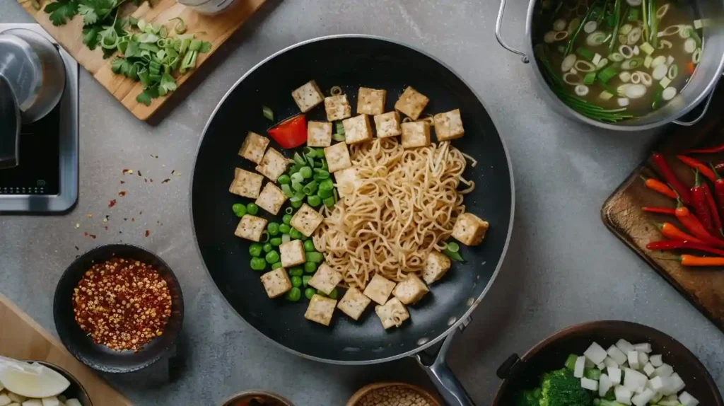 Top-down view of a skillet containing cooked ramen noodles, cubed tofu, green peas, and diced red bell pepper, surrounded by bowls of chili flakes, chopped scallions in broth, fresh herbs, and whole chilies on a gray countertop.