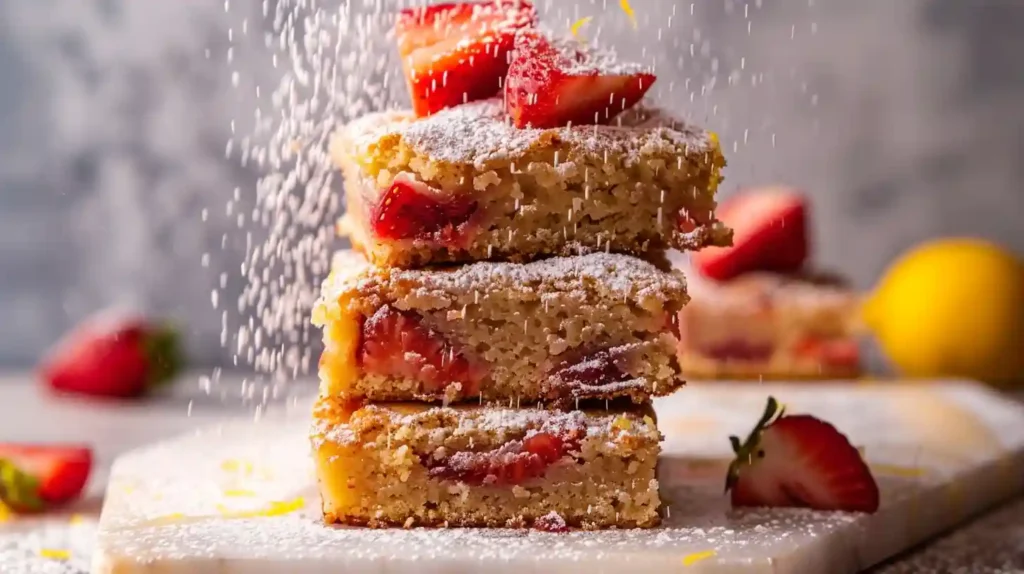 Perfectly stacked strawberry lemon blondie squares on a marble slab, with golden crusts, visible strawberry and lemon pieces, and powdered sugar falling gently.