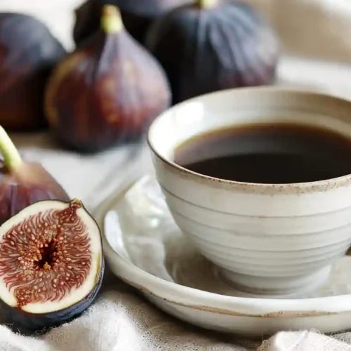 Steaming cup of English coffee in a vintage ceramic mug with caramelized roasted figs on the side, set on a rustic wooden table bathed in soft morning light.