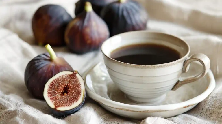 Steaming cup of English coffee in a vintage ceramic mug with caramelized roasted figs on the side, set on a rustic wooden table bathed in soft morning light.
