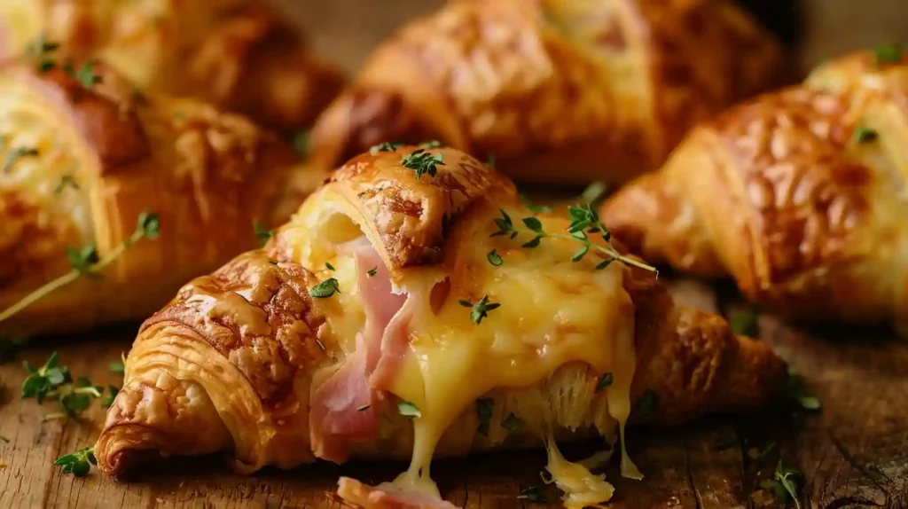 Close-up of golden baked ham and cheese croissants with melted cheese and herbs on a rustic wooden table.