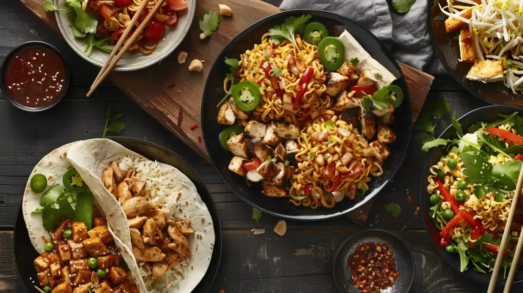 Overhead view of four Black Pepper Chicken variations—classic on rice, tofu-based, in a wrap, and with stir-fried noodles—each plated separately on a rustic board with bright props.