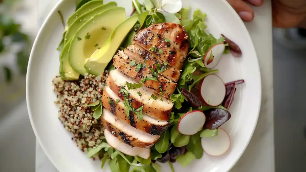 Sliced chicken breast plated with fresh greens, quinoa, and avocado on a white background, with soft health icons in the background.