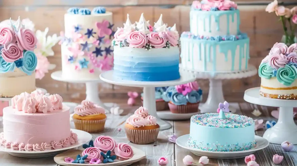 Creative gender reveal cakes with ombré frosting, floral designs, and pink or blue fillings on a rustic wooden table.