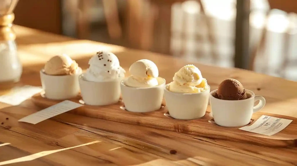 Elegant coffee-tasting setup featuring espresso cups paired with various ice cream flavors: vanilla, hazelnut, coconut, and chocolate, with tasting notes on paper cards and warm café lighting.