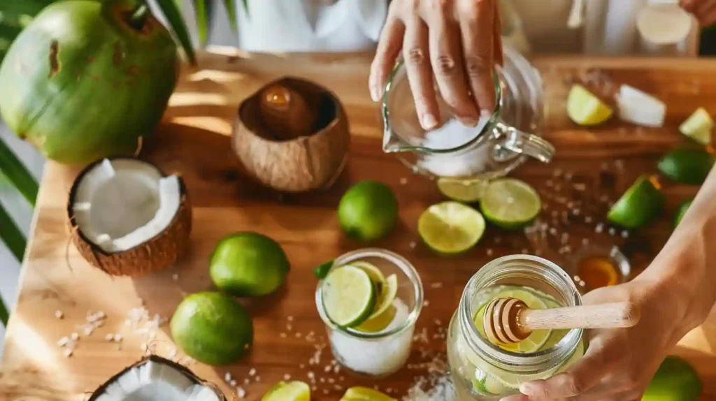 Hands preparing Mounjaro Recipe with fresh coconut water, lime, honey, and sea salt on a wooden kitchen countertop.