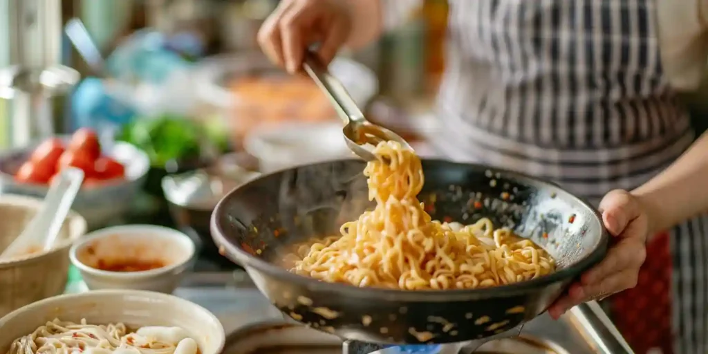 Hands in a striped apron lifting steaming saucy ramen noodles with tongs from a large black bowl, with various bowls of sauces and fresh ingredients blurred in the background.