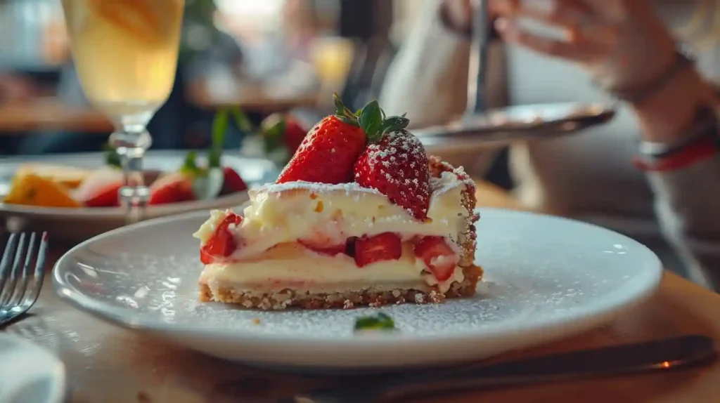 Person smiling while enjoying a bite of a strawberry lemon blondie, with visible fruit layers, a side plate and drink nearby, in a warm, cozy kitchen setting.